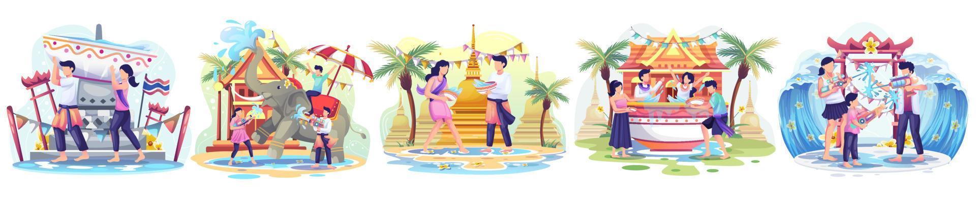 Set of People celebrates the Songkran festival Thailand Traditional New Year's Day. Vector Illustration