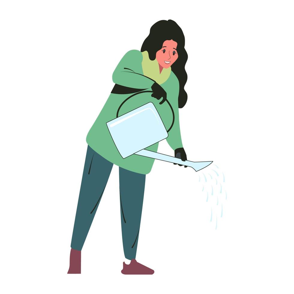 A young woman holds a watering can in her hands. Flat vector isolated illustration