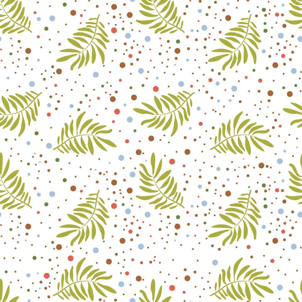 Seamless pattern with green palm leaves and dots. Flat vector background