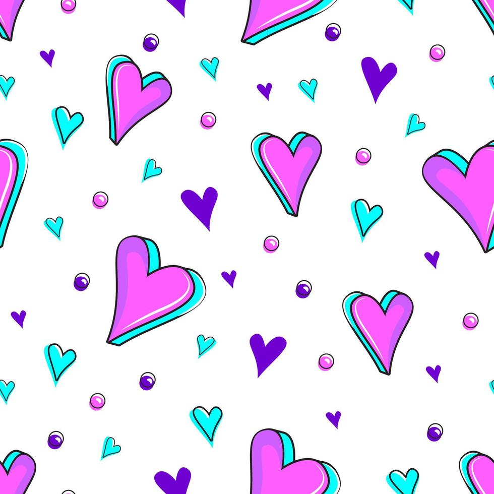 Colorful seamless pattern of heart in memphis style. Vector love background retro vintage 80s or 90s style.