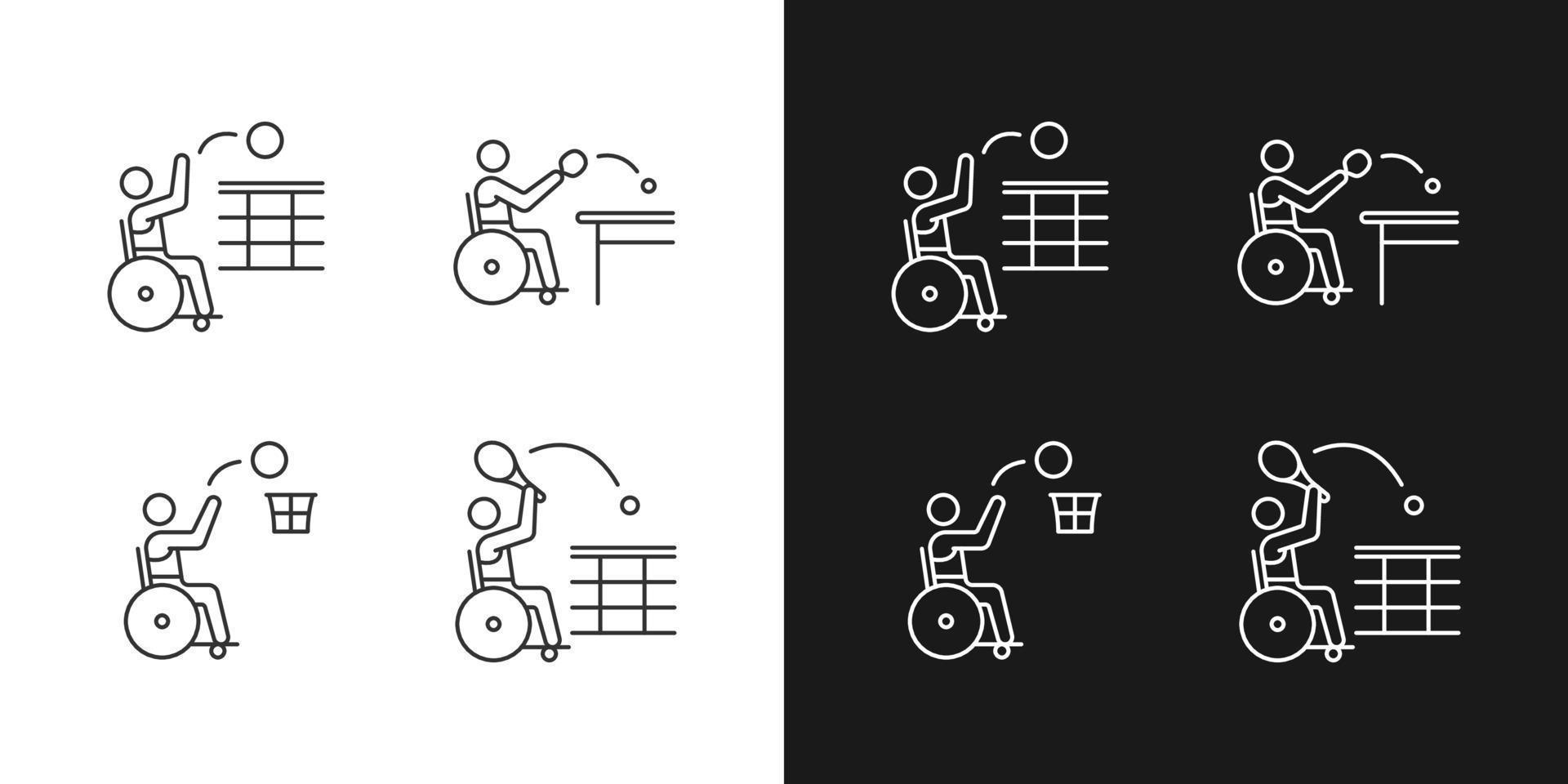 Adaptive wheelchair sports linear icons set for dark and light mode. Competitive events. Disabled athlete. Customizable thin line symbols. Isolated vector outline illustrations. Editable stroke