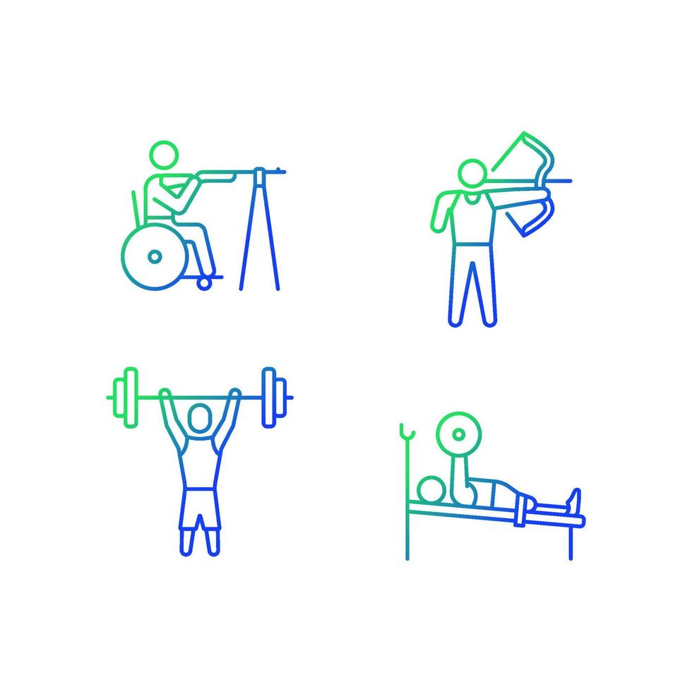 Single adaptive contests gradient linear vector icons set. Athletic activities. Sportsman with physical disability. Thin line contour symbols bundle. Isolated outline illustrations collection