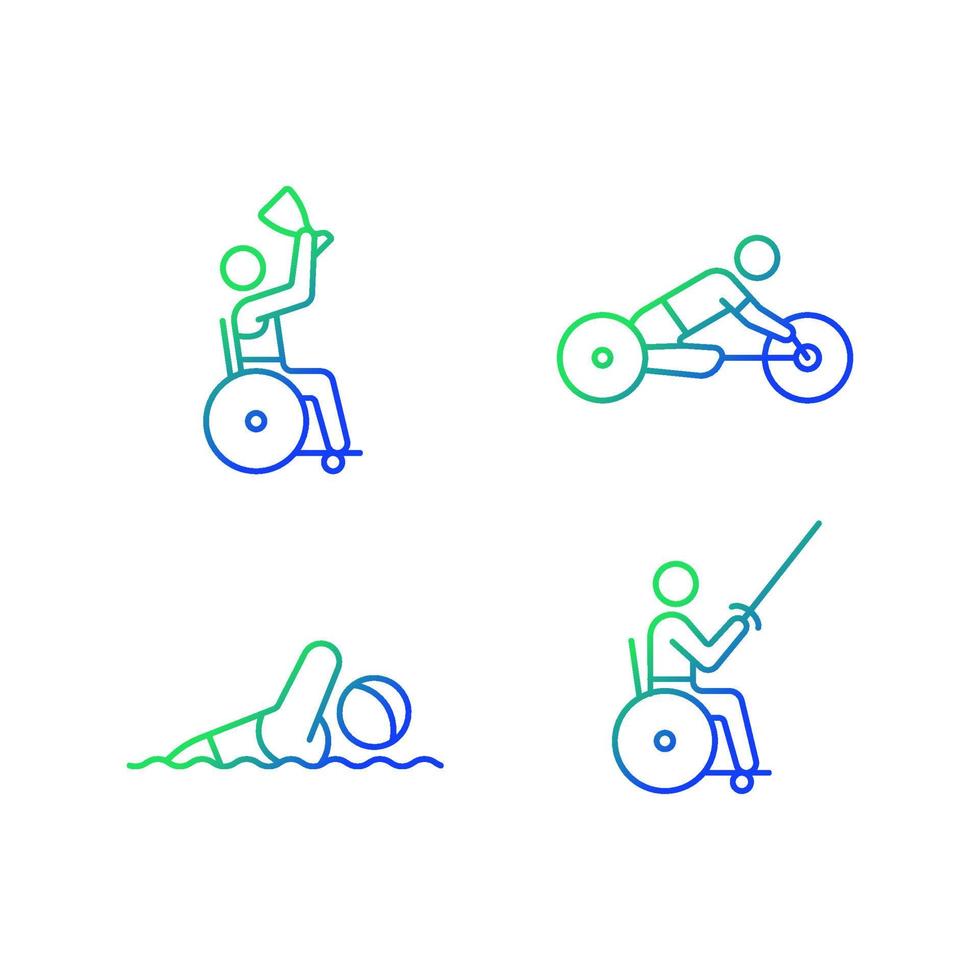 Adaptive contests gradient linear vector icons set. Sport disciplines. Aquatic and land contests. People with disability. Thin line contour symbols bundle. Isolated outline illustrations collection