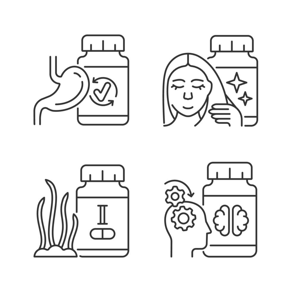 Food supplements linear icons set. Hair and nails treatment products. Medicine for better mental work. Customizable thin line contour symbols. Isolated vector outline illustrations. Editable stroke