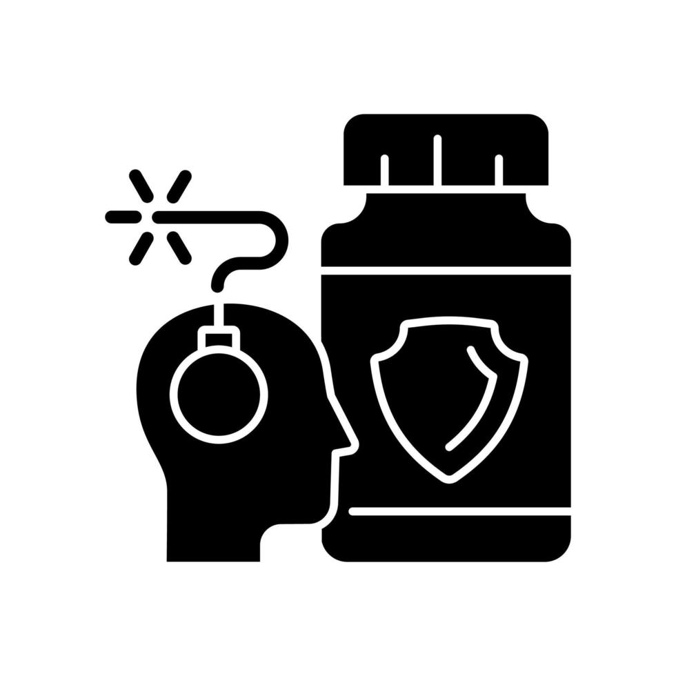 Anxiety supplements black glyph icon. Mental health disorders complementary medication. Nutrients for better brain chemistry. Silhouette symbol on white space. Vector isolated illustration