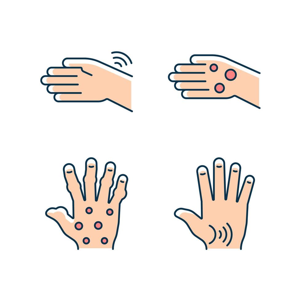 artritis en manos conjunto de iconos de color rgb. reumatismo de muñecas. deformidad de los dedos. nódulos reumatoides. osteoartritis en el pulgar. ilustraciones vectoriales aisladas. colección de dibujos de líneas rellenas simples vector