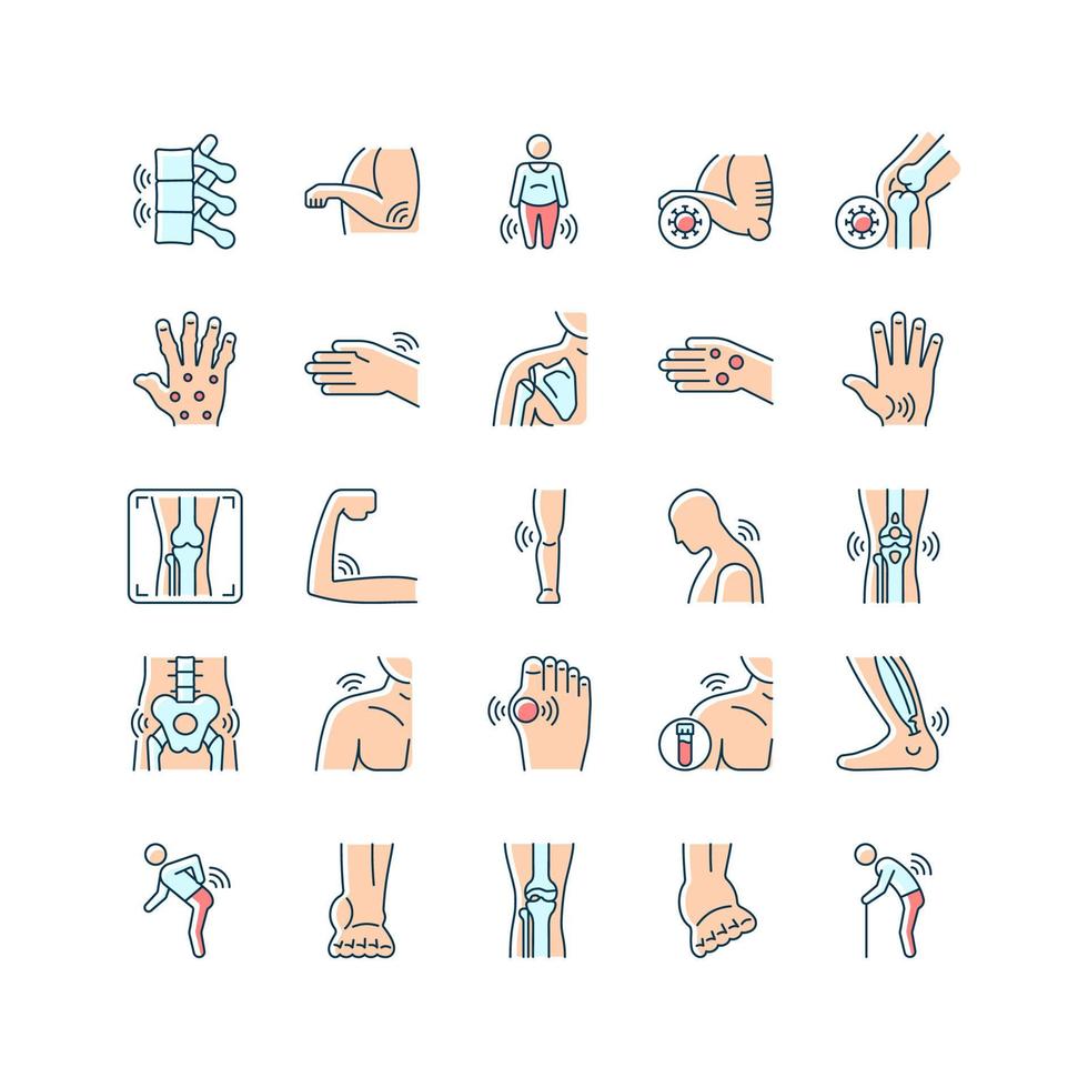 Joints pain RGB color icons set. Rheumatic diseases. Arthritis development. Muscles inflammation. Musculoskeletal conditions. Isolated vector illustrations. Simple filled line drawings collection