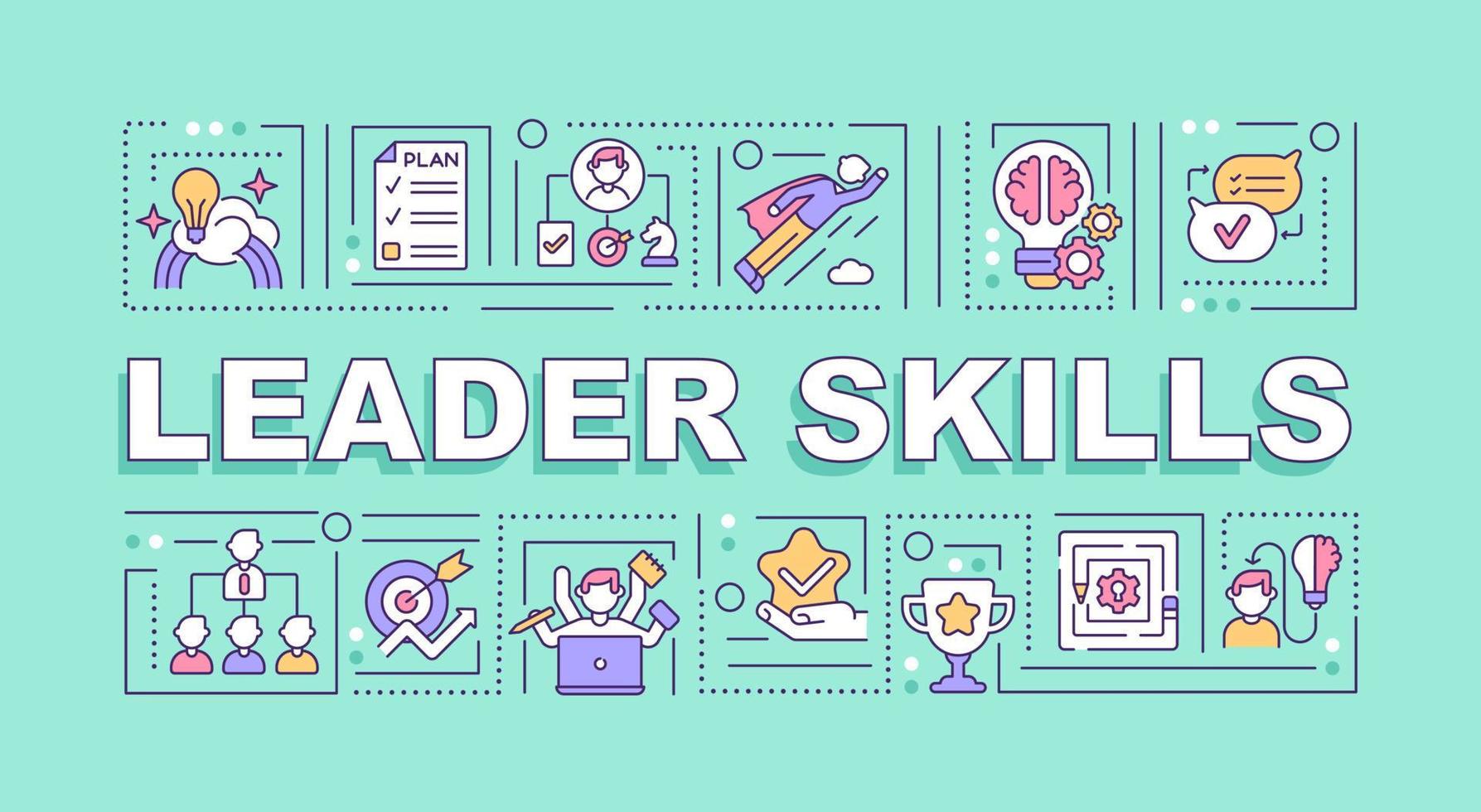 Leader skills word concepts banner. Successful leadership. Infographics with linear icons on blue background. Isolated creative typography. Vector outline color illustration with text