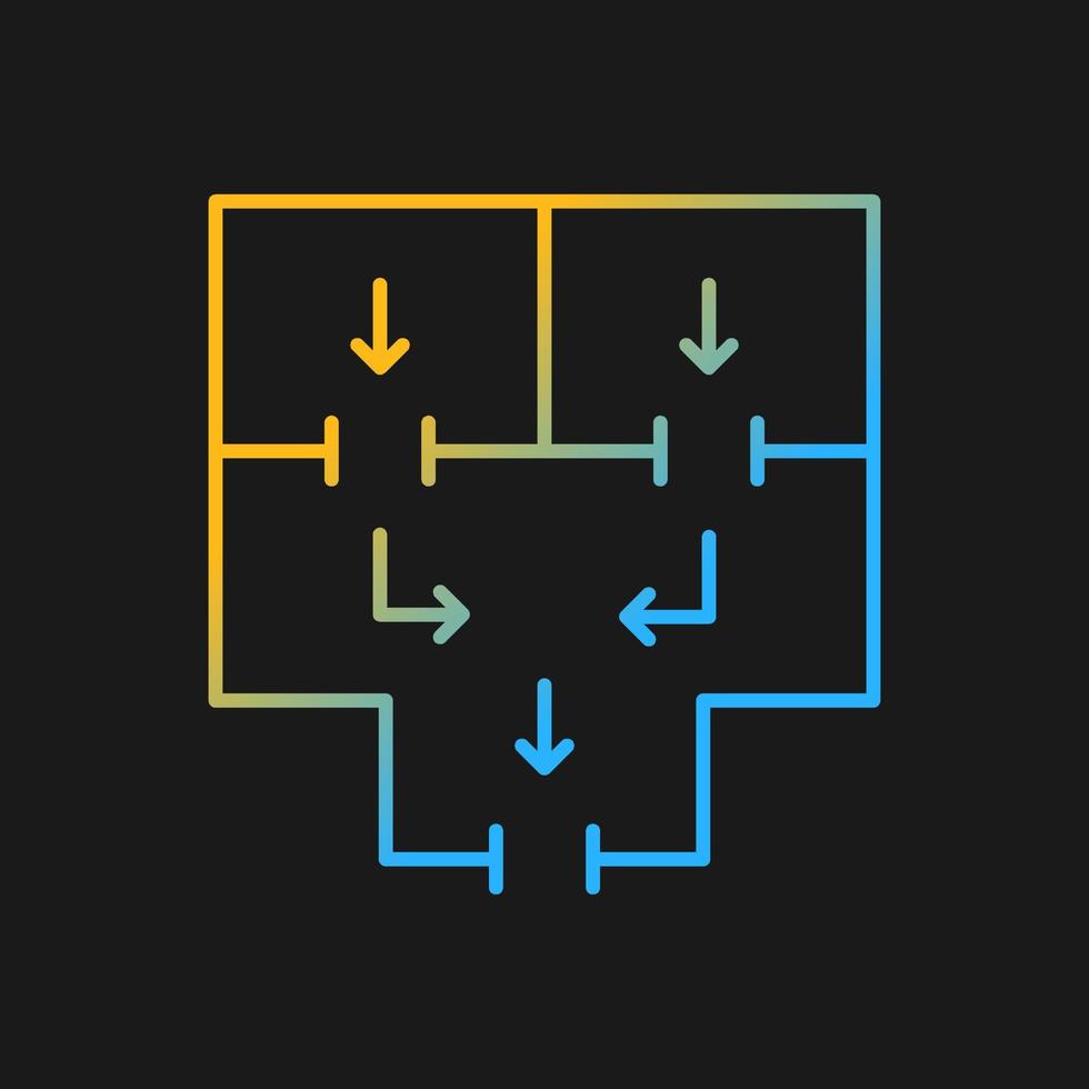 Means to vacate building gradient vector icon for dark theme. Planning apartment building escape. Emergency situation. Thin line color symbol. Modern style pictogram. Vector isolated outline drawing