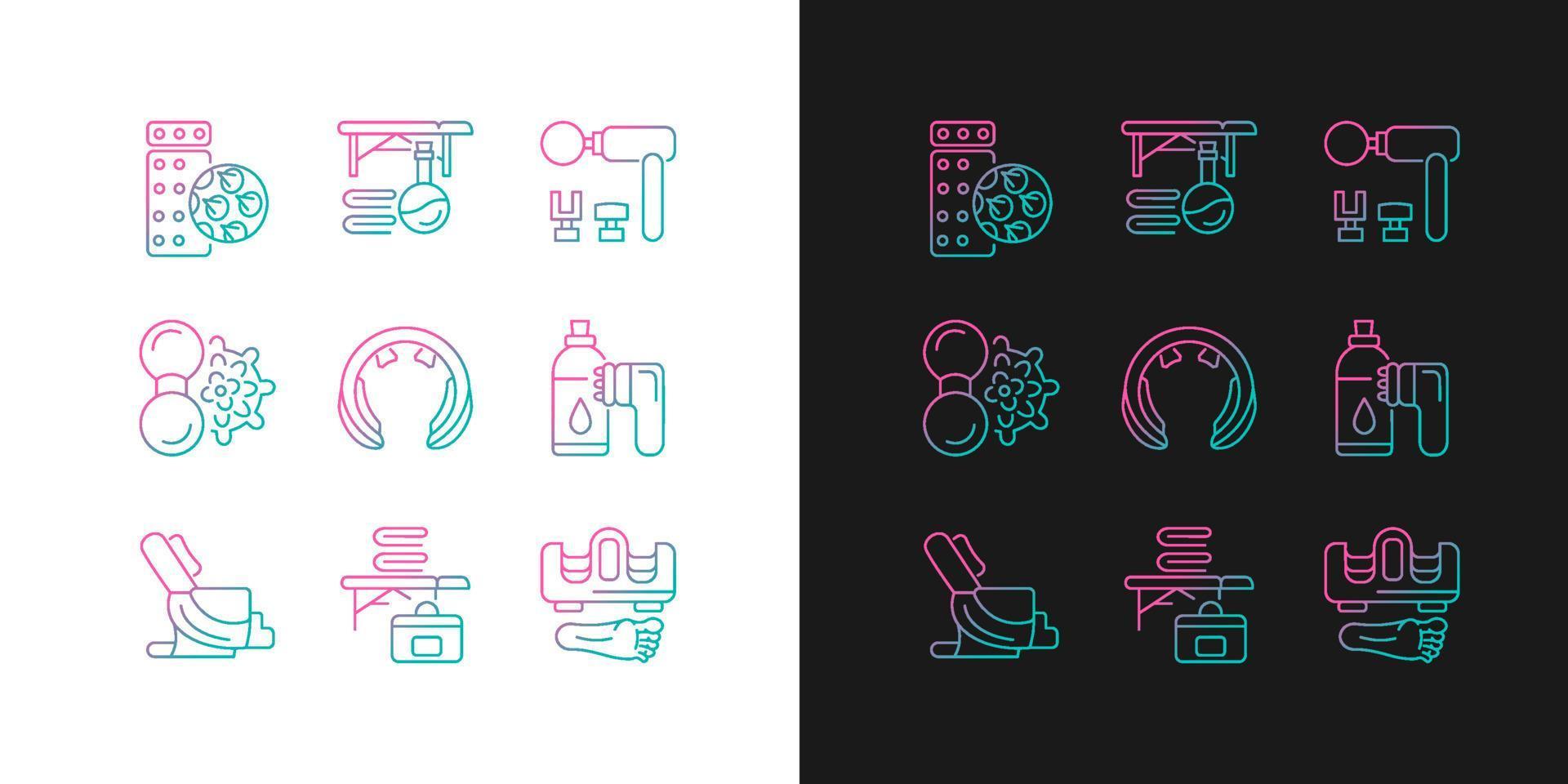 Electric massagers gradient icons set for dark and light mode. Acupressure pad. Massage table. Thin line contour symbols bundle. Isolated vector outline illustrations collection on black and white