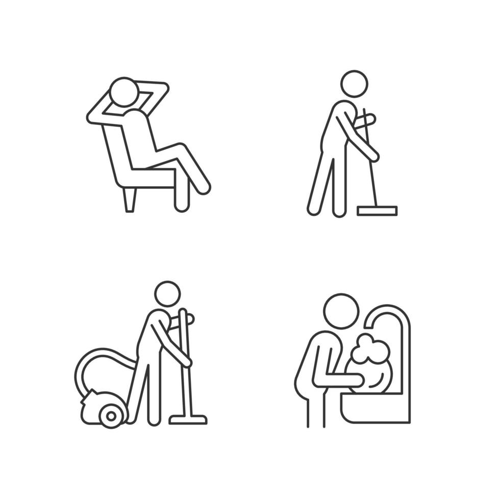 Household chores linear icons set. Commonplace day-to-day human life. Cleaning procedures. Customizable thin line contour symbols. Isolated vector outline illustrations. Editable stroke