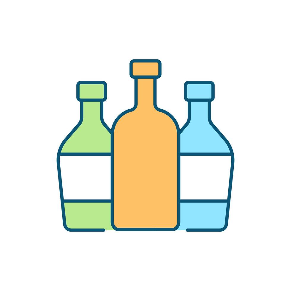 Three different glass bottles RGB color icon. Garbage collection company. Nature protection. Waste recycling, upcycling process. Isolated vector illustration. Simple filled line drawing