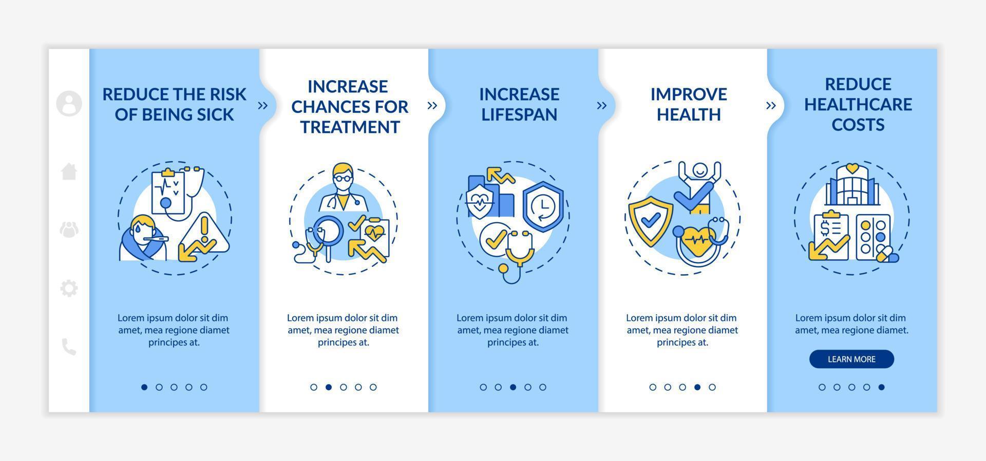 verifique la plantilla de vector de incorporación de beneficios. sitio web móvil sensible con iconos. Tutorial de página web Pantallas de 5 pasos. examen médico y concepto de color de inspección con ilustraciones lineales