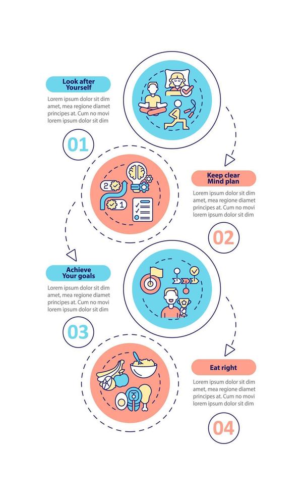 plantilla de infografía vertical de consejos de vida bien equilibrada. cuidado de la salud. visualización de datos con 4 pasos. gráfico de información de la línea de tiempo del proceso. diseño de flujo de trabajo con iconos de línea. innumerables fuentes pro-negrita y regulares utilizadas vector