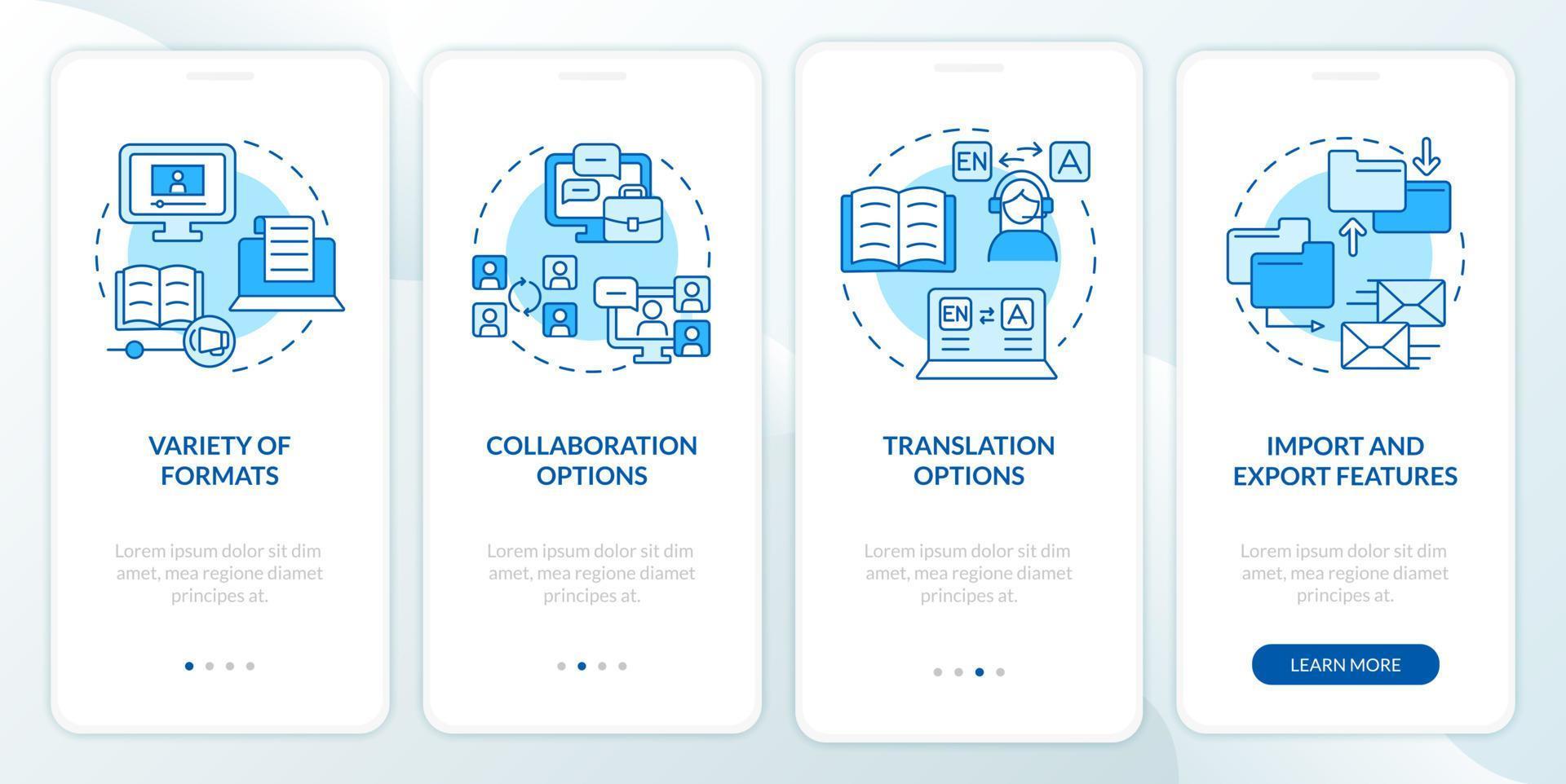 Elearning platforms features blue onboarding mobile app screen. Walkthrough 4 steps graphic instructions pages with linear concepts. UI, UX, GUI template. Myriad Pro-Bold, Regular fonts used vector