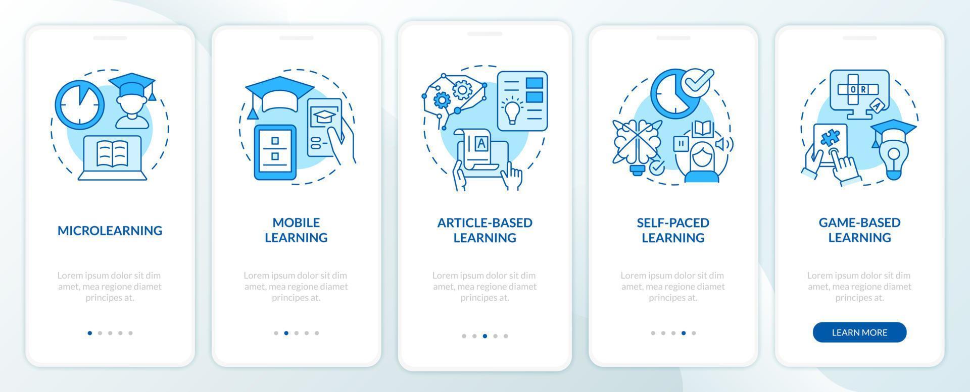 Elearning methods blue onboarding mobile app screen. Digital education walkthrough 5 steps graphic instructions pages with linear concepts. UI, UX, GUI template. Myriad Pro-Bold, Regular fonts used vector