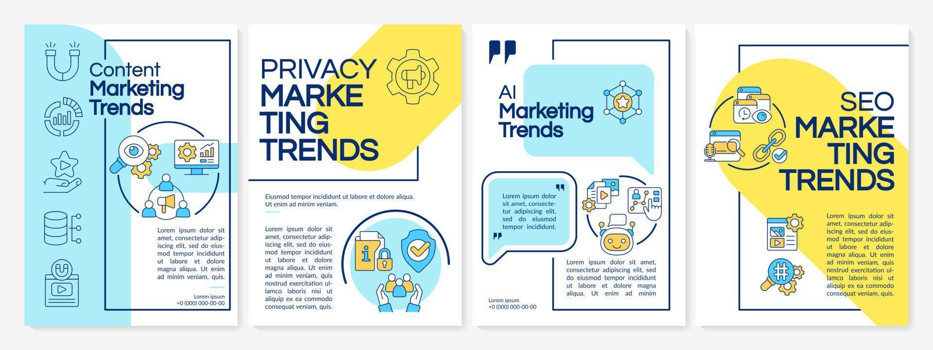 Current marketing trends blue and yellow brochure template. Leaflet design with linear icons. 4 vector layouts for presentation, annual reports. Questrial-Regular, Lato-Regular fonts used