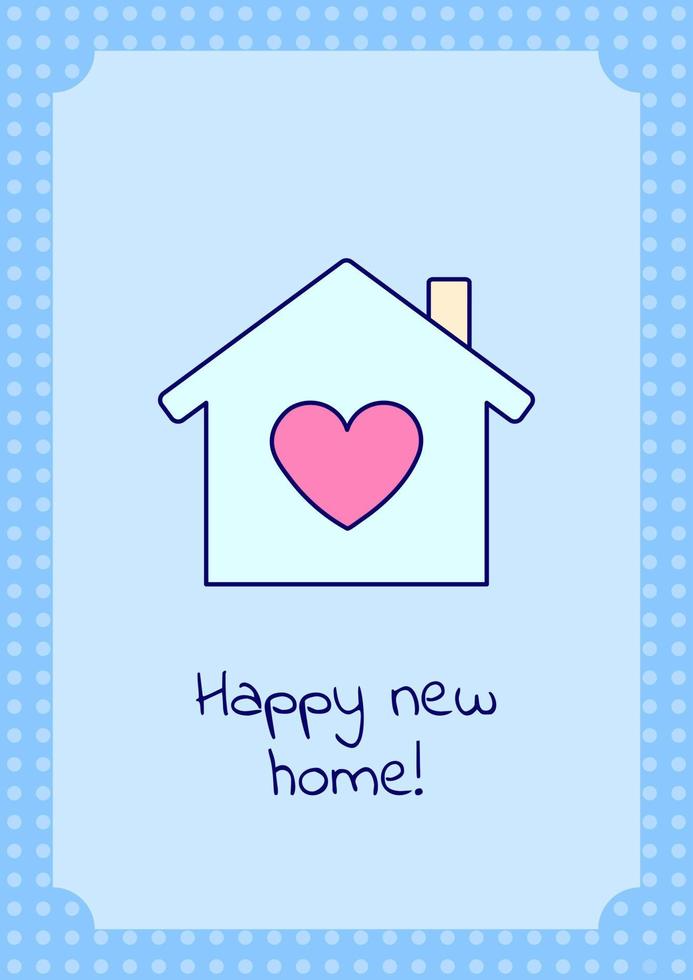 Happy new home greeting card with color icon element. Celebrating relocation. Postcard vector design. Decorative flyer with creative illustration. Notecard with congratulatory message on blue