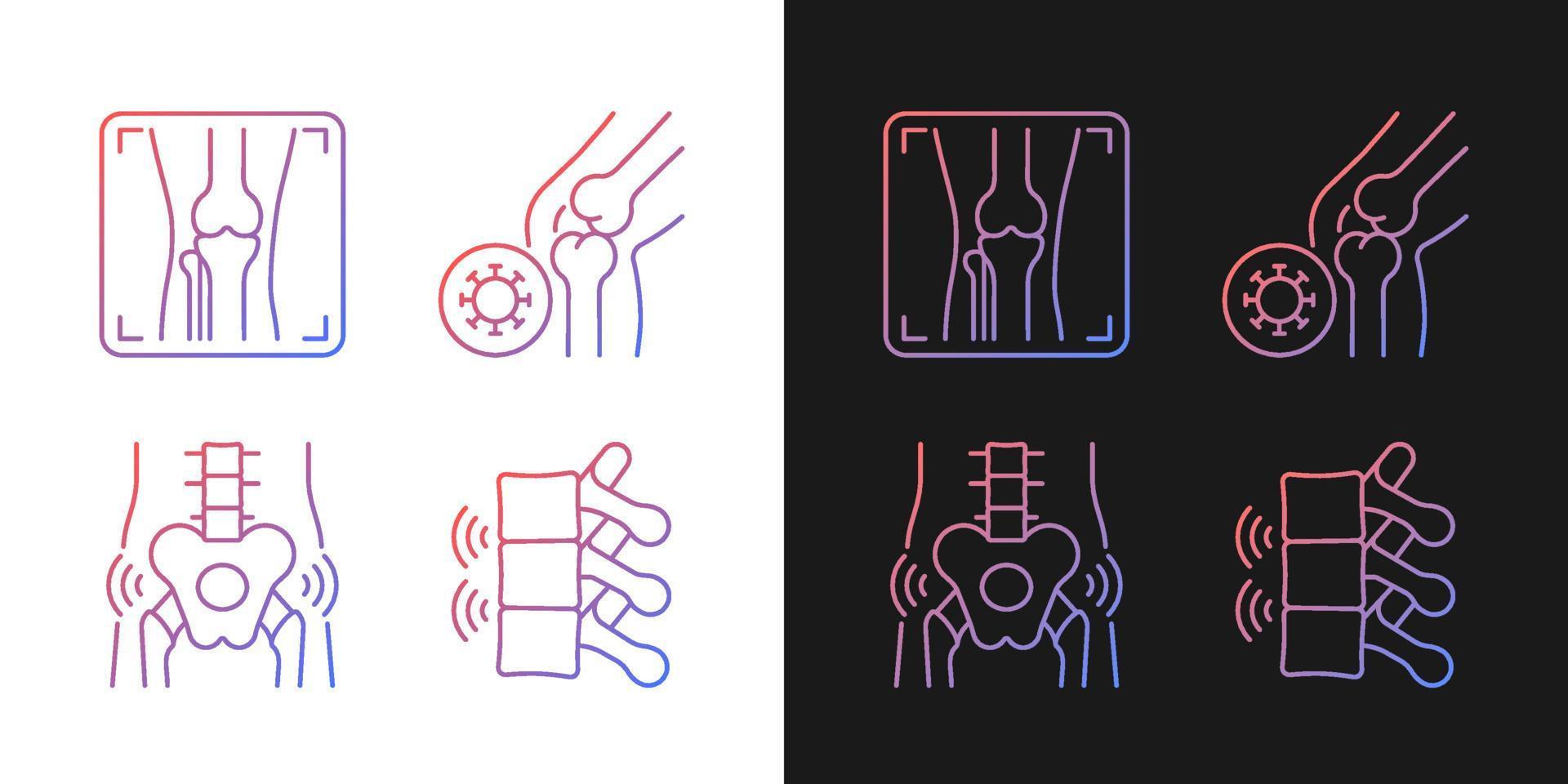 Extreme aching in bones gradient icons set for dark and light mode. Arthritis x ray. Rheumatism. Thin line contour symbols bundle. Isolated vector outline illustrations collection on black and white