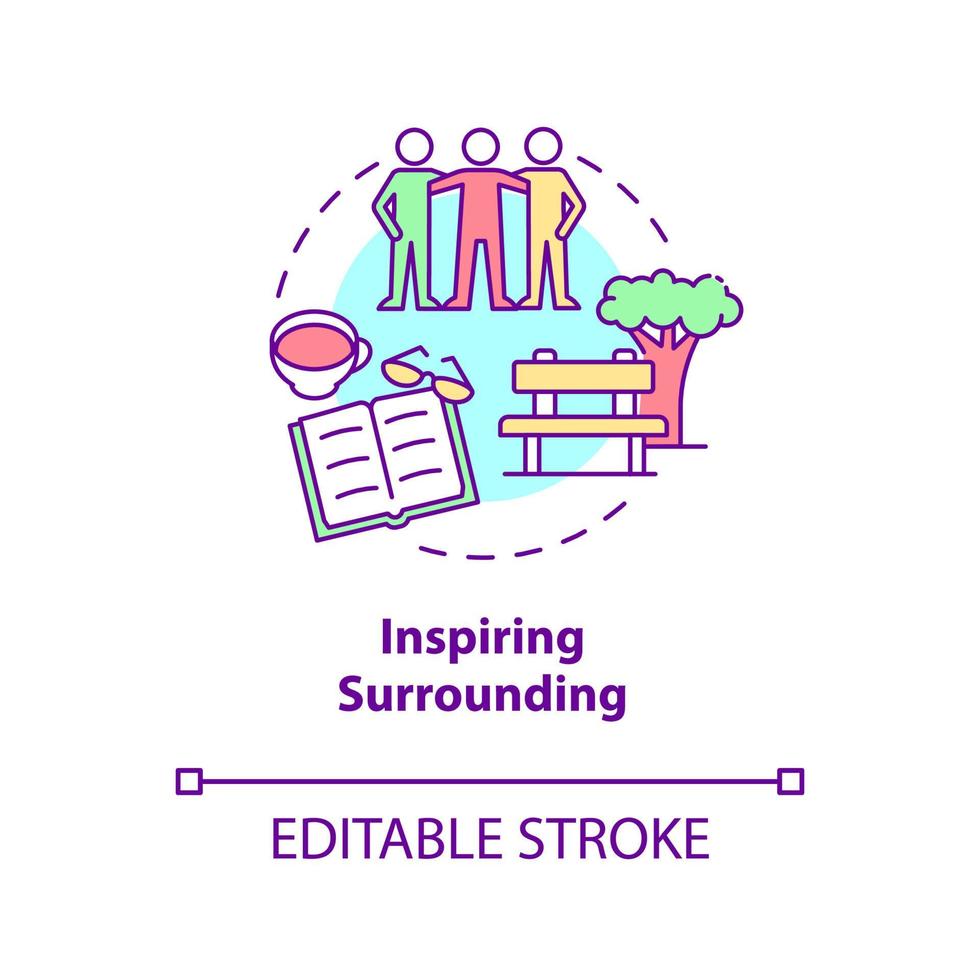 Inspiring surrounding concept icon. Positive thinking abstract idea thin line illustration. Happiness mindset component. State of mind. Vector isolated outline color drawing. Editable stroke