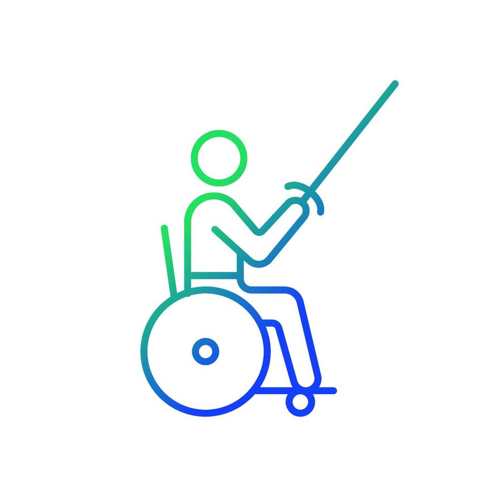 Wheelchair fencing gradient linear vector icon. Individual competitive sport. Sword fighting. Disabled sportsman. Thin line color symbol. Modern style pictogram. Vector isolated outline drawing