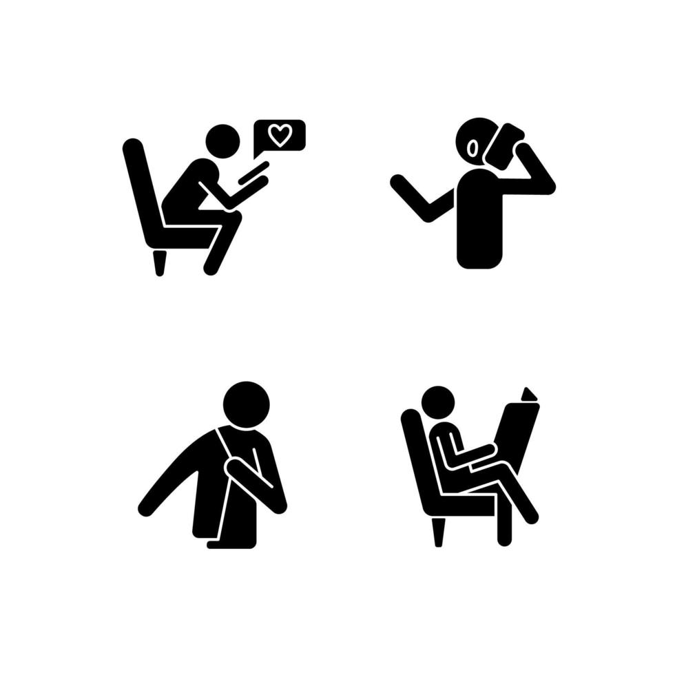 Everyday life black glyph icons set on white space. Making telephone call. Chat conversation on social media platform. Reading newspaper. Silhouette symbols. Vector isolated illustration