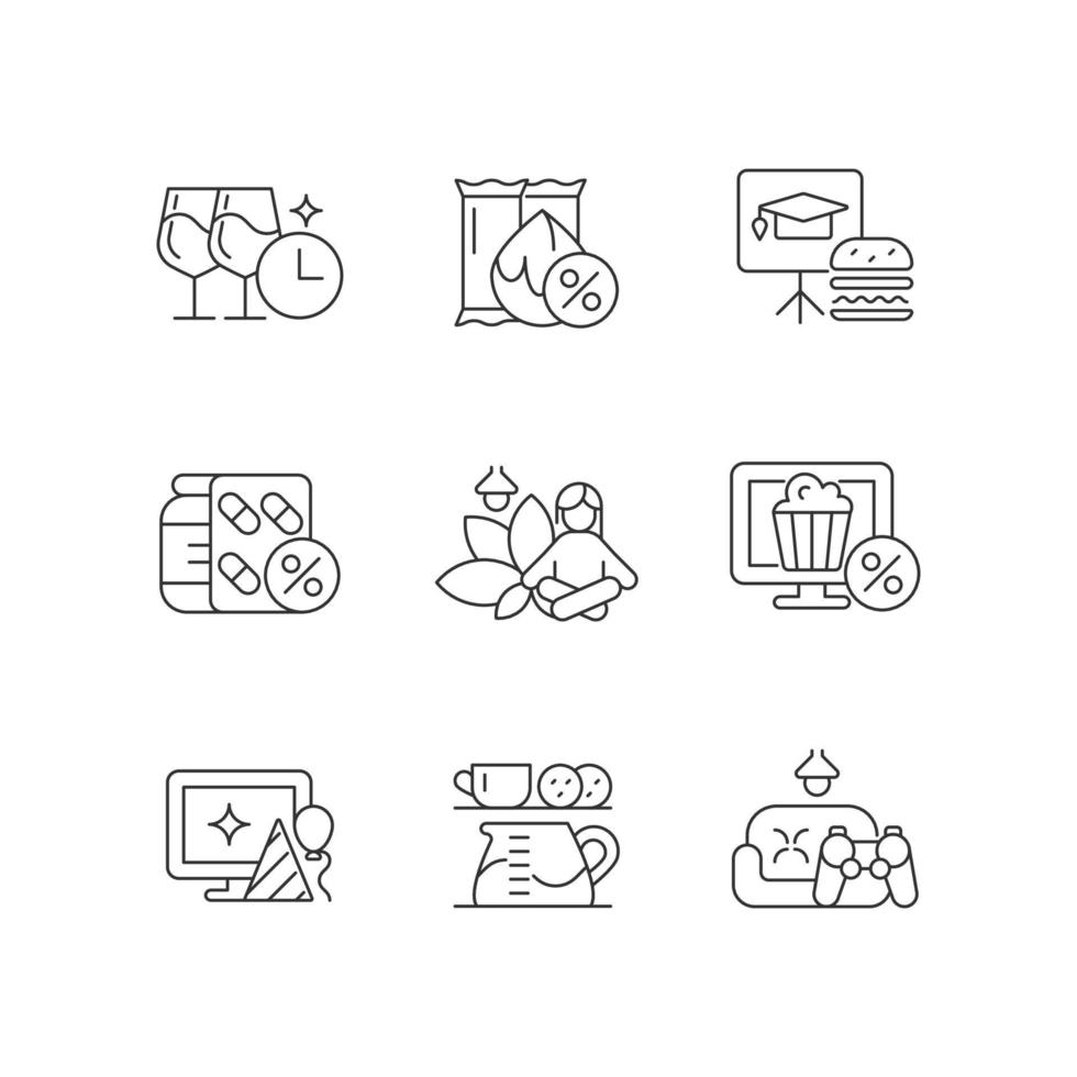 Employee benefits for wellbeing linear icons set. Providing corporate discounts. Wellness protection. Customizable thin line contour symbols. Isolated vector outline illustrations. Editable stroke