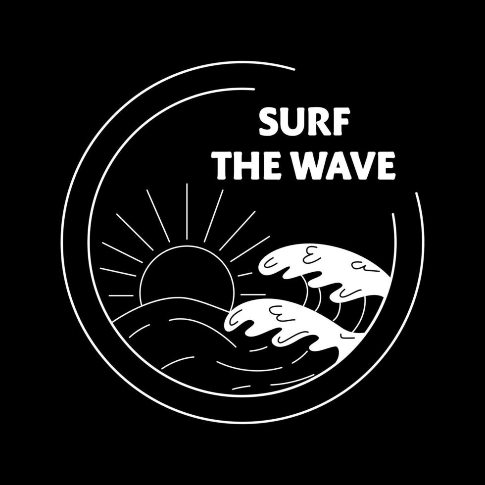 placa dibujada a mano con el sol, las olas y la inscripción. concepto de surf. vector