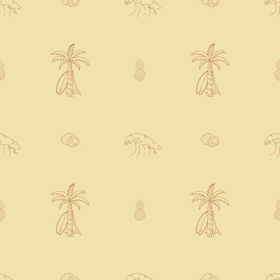 Hand Drawn Vector Seamless Pattern. Surfboards, Waves, Palm Trees And Coconuts.