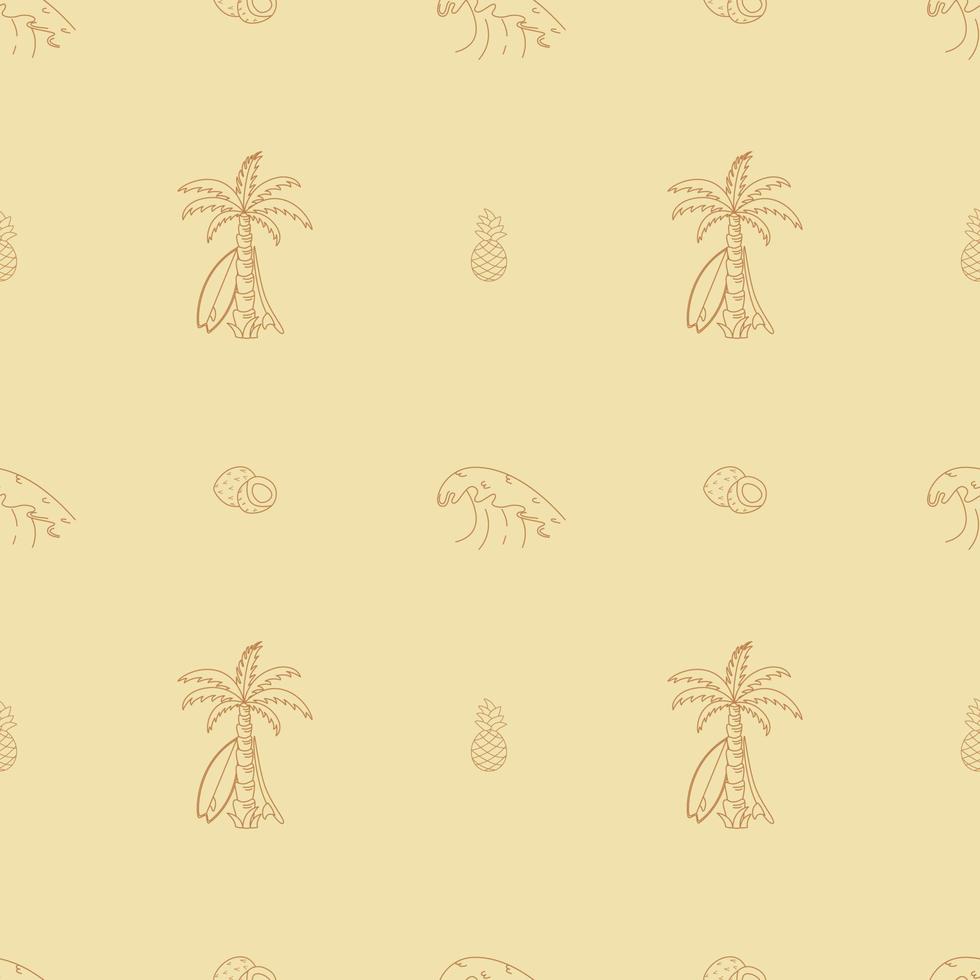 Hand Drawn Vector Seamless Pattern. Surfboards, Waves, Palm Trees And Coconuts.