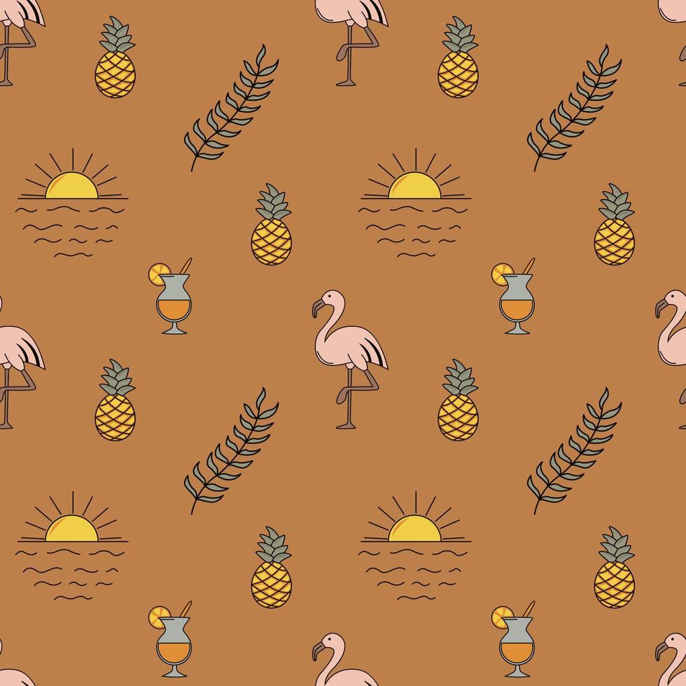 Hand Drawn Vector Seamless Pattern. Waves, Sun, Pineapples, Leaves and Flamingos.