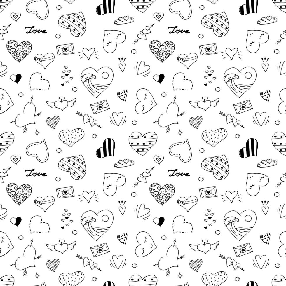 Hand-Drawn Hearts Of Different Shapes, Seamless Pattern. Outline Vector Illustration. Valentine's Day