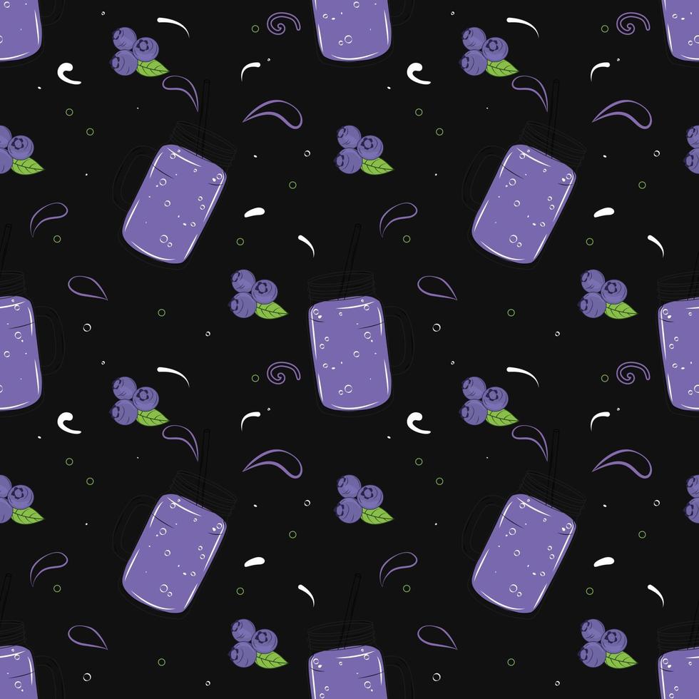 Seamless Pattern With Blueberries And Blueberry Smoothie. Flat Vector Illustration for T-shirt Prints, Posters and Other Uses.
