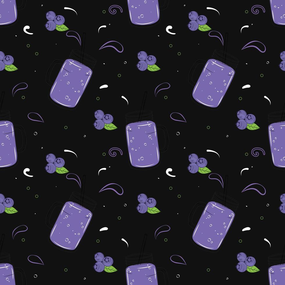 Seamless Pattern With Blueberries And Blueberry Smoothie. Flat Vector Illustration for T-shirt Prints, Posters and Other Uses.