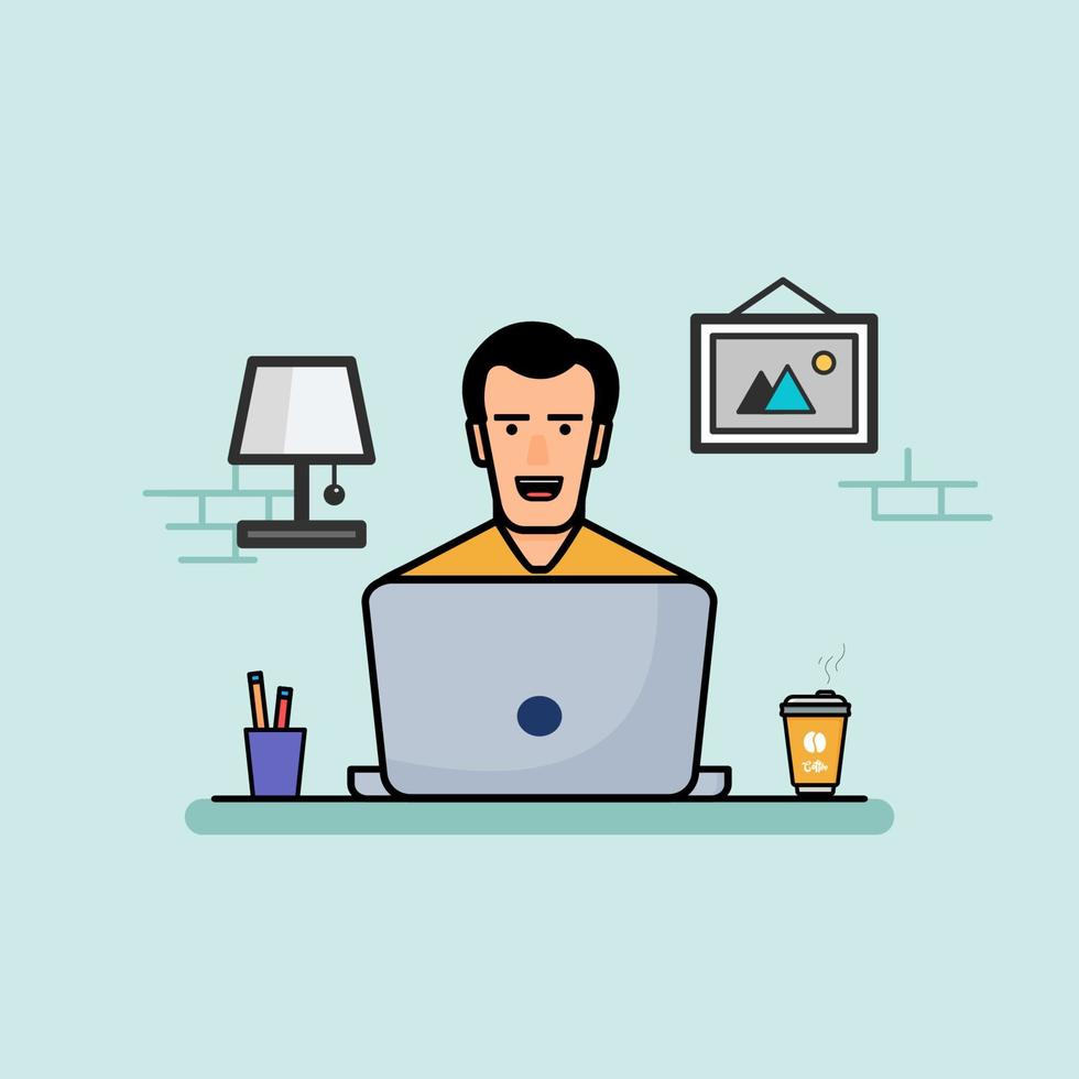 People Working on Computer with Coffee, Vector Illustration. Office. Workspace. Flat Cartoon Style Suitable for Web Landing Page, Banner, Flyer, Sticker, Wallpaper, Card, Background