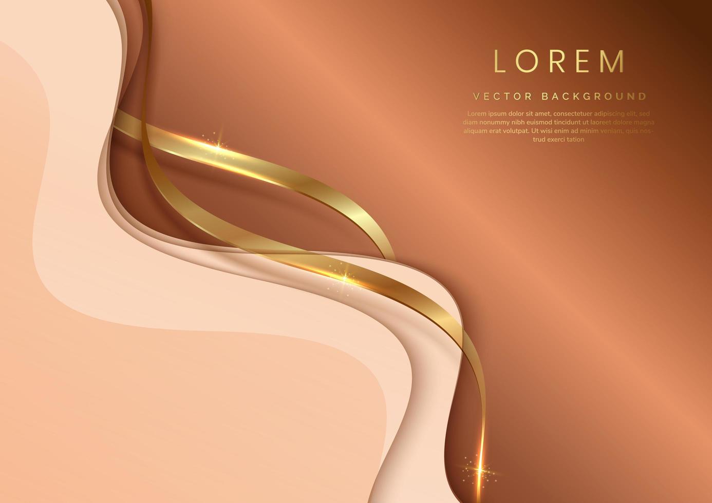 Abstract 3d template soft pink on brown background with gold lines curved wavy sparking with copy space for text. Luxury style. vector