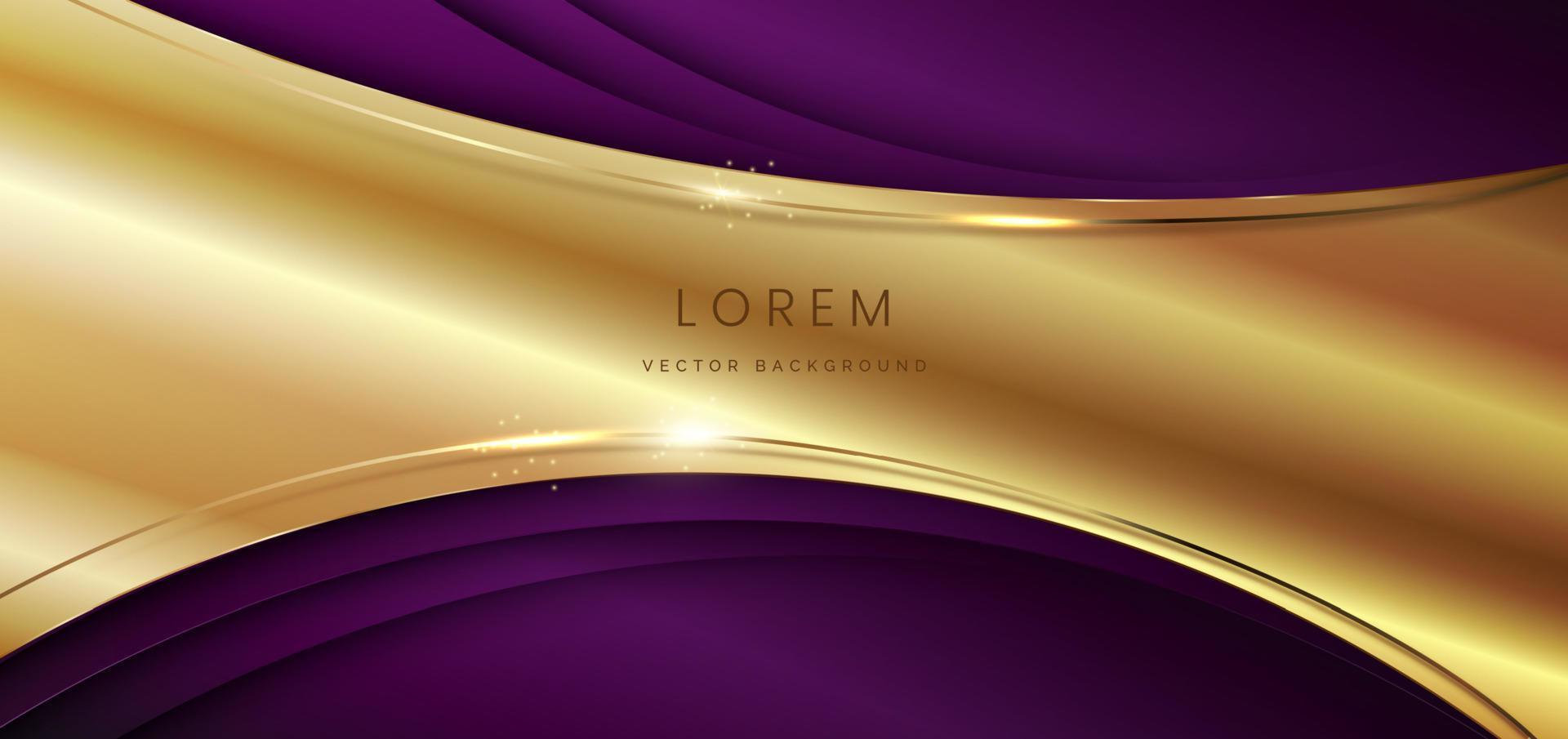 Abstract 3d violet background with gold lines curved wavy sparkle with copy space for text. Luxury style template design. vector