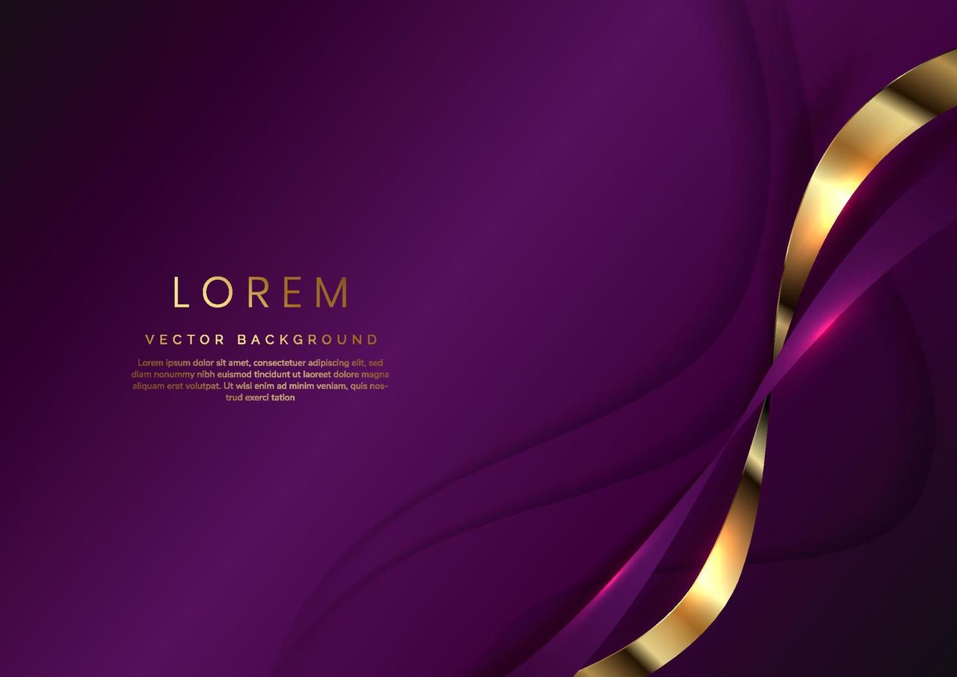 Luxury concept template 3d violet curve shape on violet elegangt background and golden ribbon line with copy space for text. vector