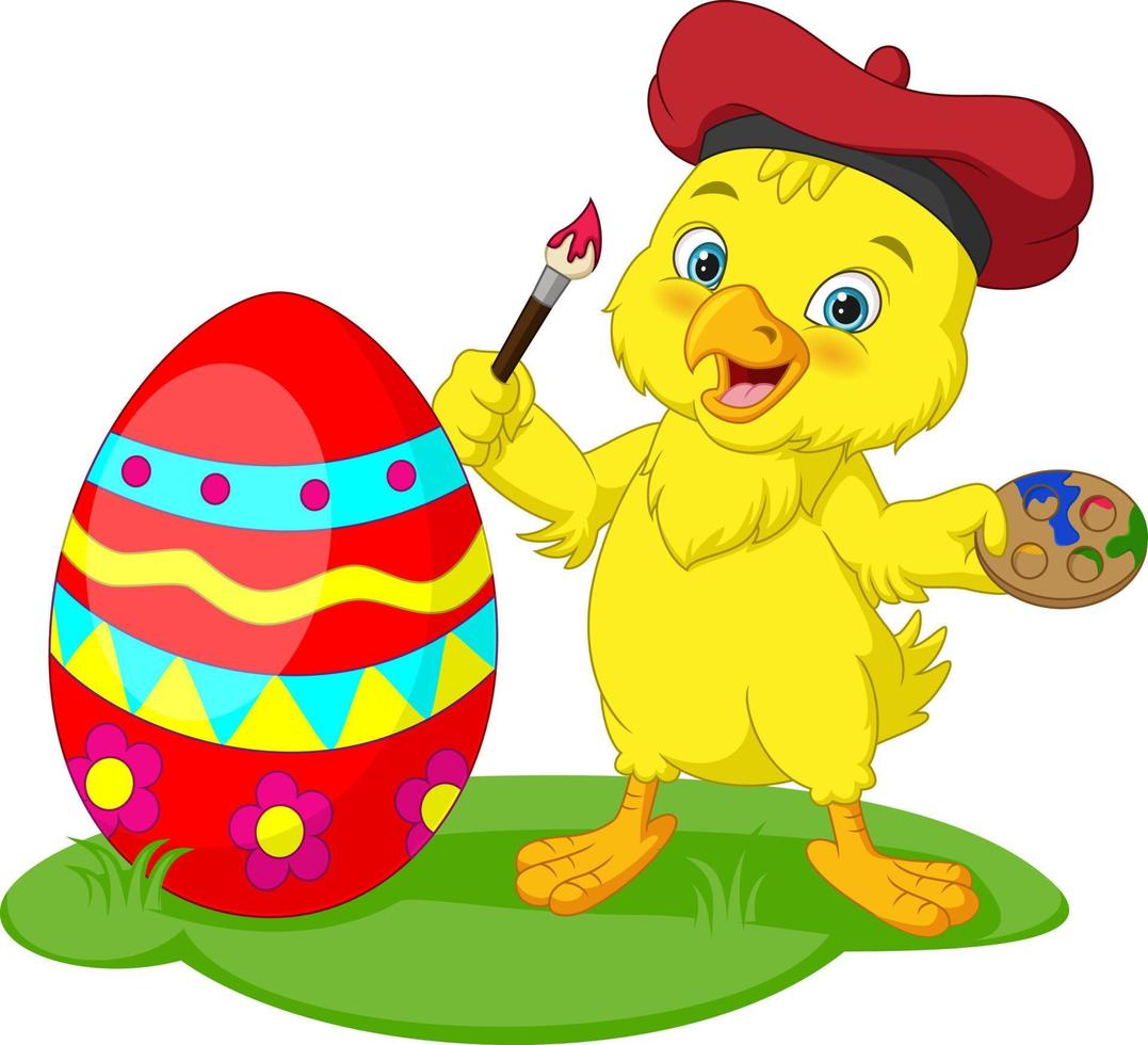 lindo pollito pintando huevos de Pascua en la hierba vector