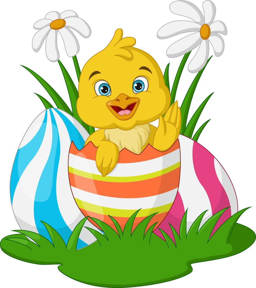 Cartoon little chick inside a cracked easter egg vector