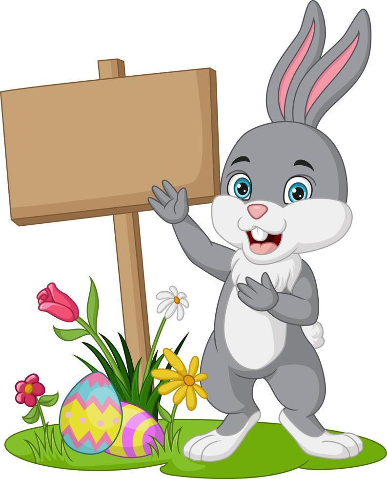 conejito de dibujos animados con huevos de pascua, flores y cartel de tablón en blanco en la hierba vector