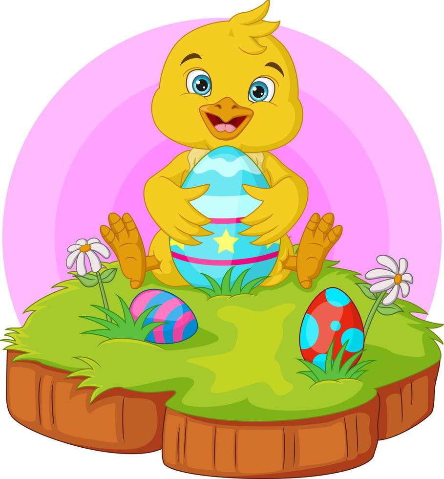 Cartoon little chick with easter egg in the grass vector