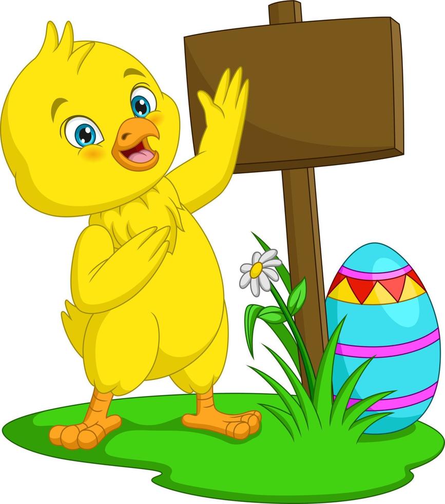 Cartoon little chick with easter eggs and blank plank sign in the grass vector