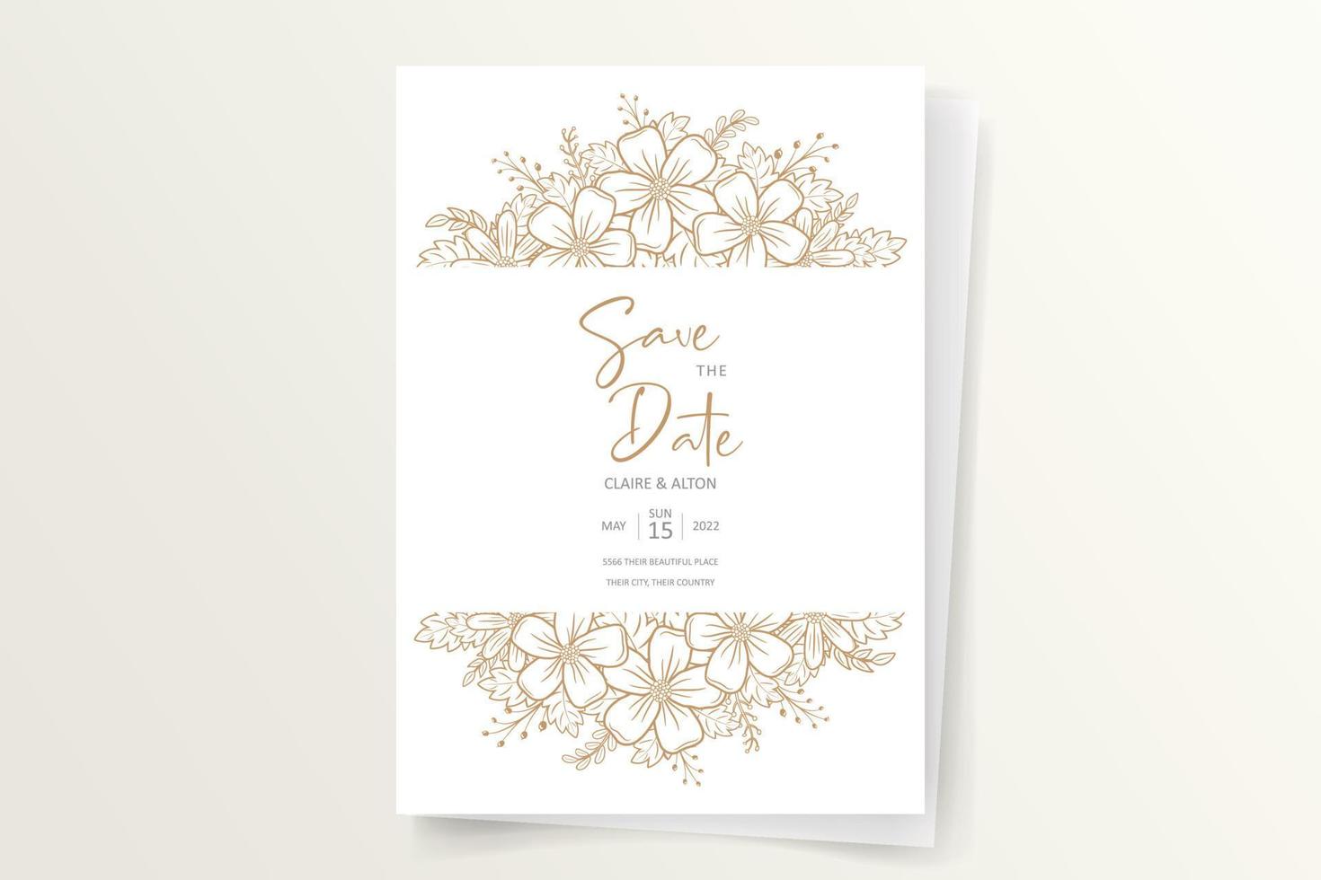 Wedding invitation template with floral outline decoration vector