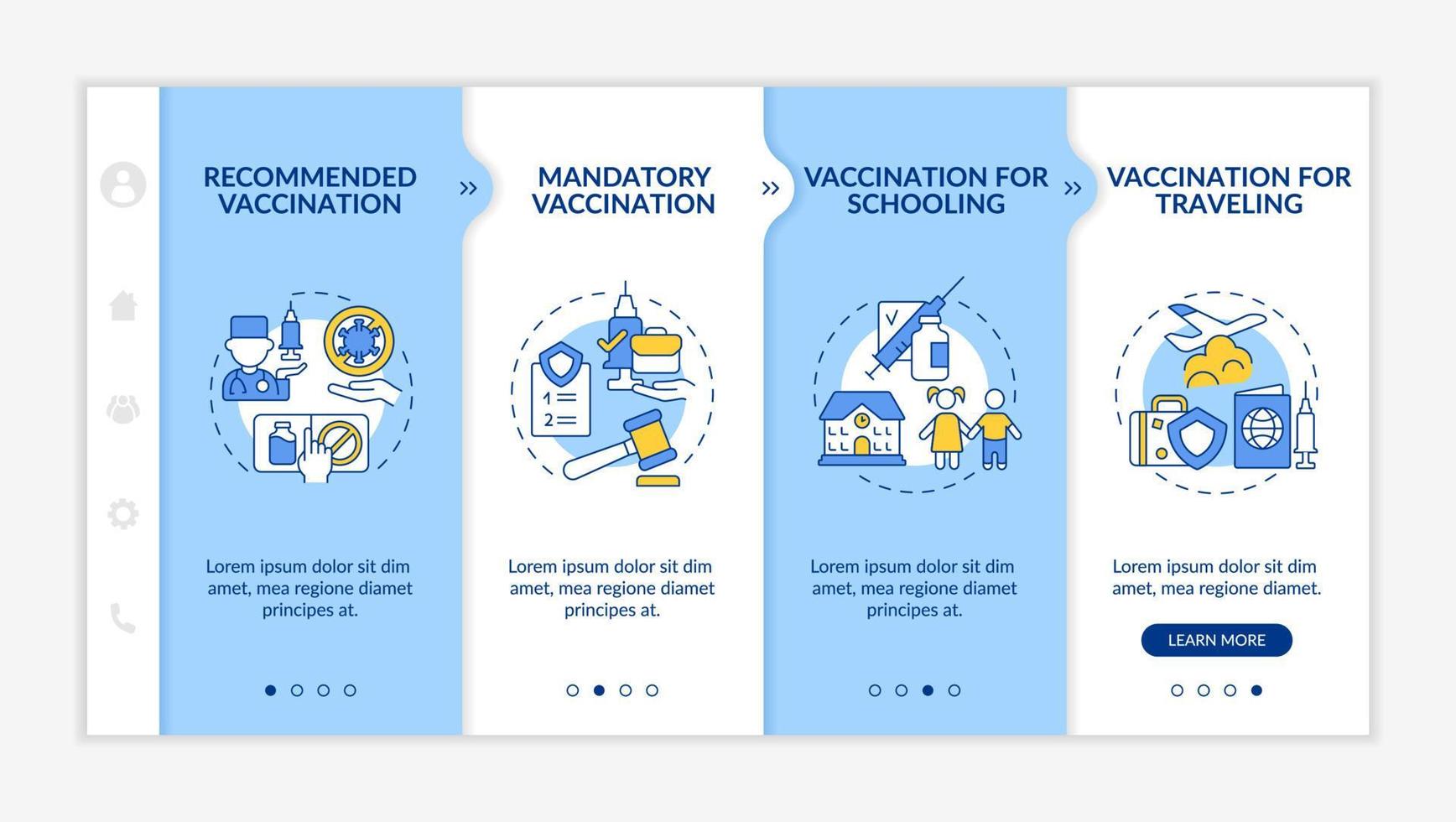 importancia de la plantilla de vector de incorporación de vacunación. sitio web móvil sensible con iconos. Tutorial de página web Pantallas de 4 pasos. concepto de color de vacuna obligatorio y recomendado con ilustraciones lineales