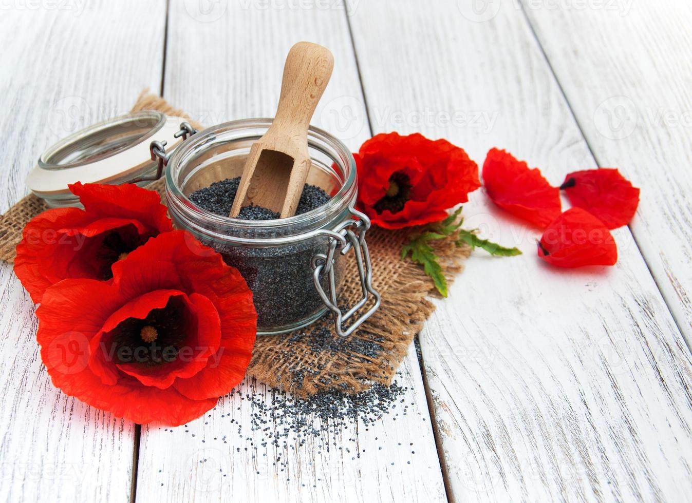 Poppy seeds and flowers photo