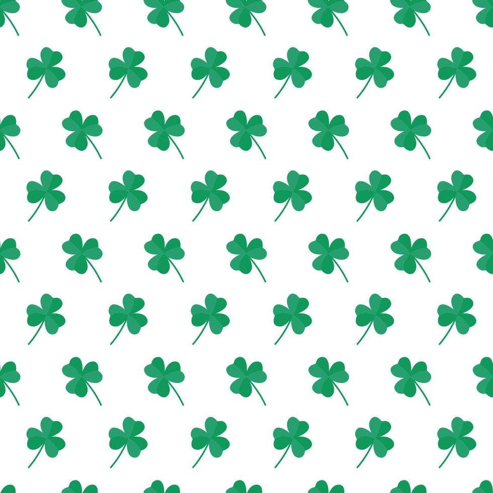 St Patricks Day pattern with shamrocks. Seamless white background and green clover leaves. Saint Patricks holiday party backdrop. Vector flat illustration