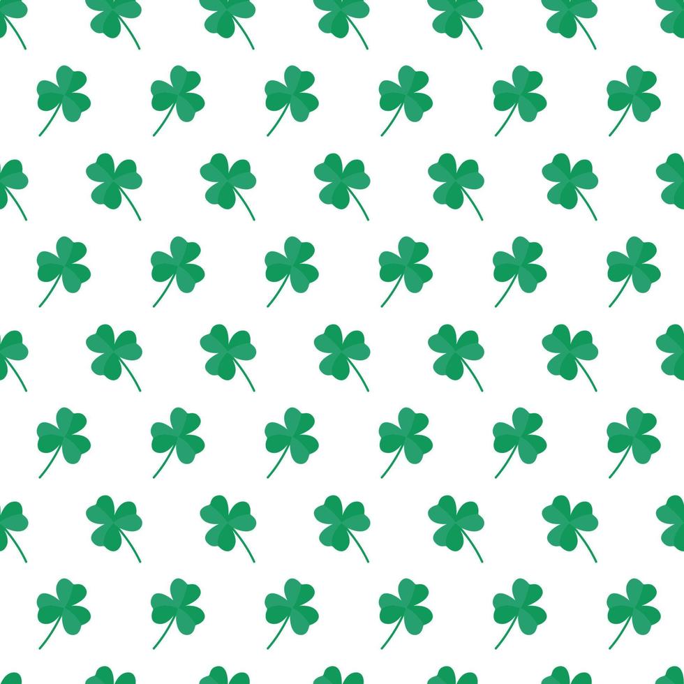 St Patricks Day pattern with shamrocks. Seamless white background and green clover leaves. Saint Patricks holiday party backdrop. Vector flat illustration