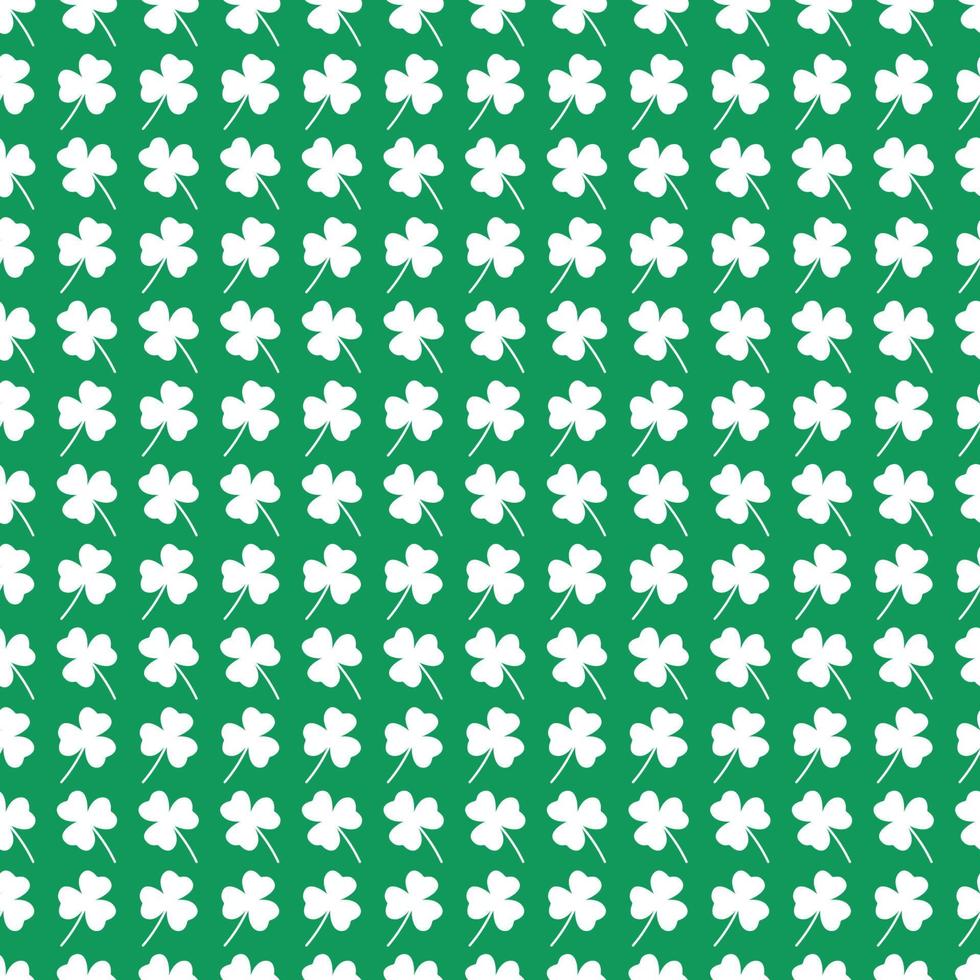 St Patricks Day green pattern with white shamrock leaves silhouettes. Seamless background and clover leaf. Saint Patricks holiday party backdrop. Vector flat illustration