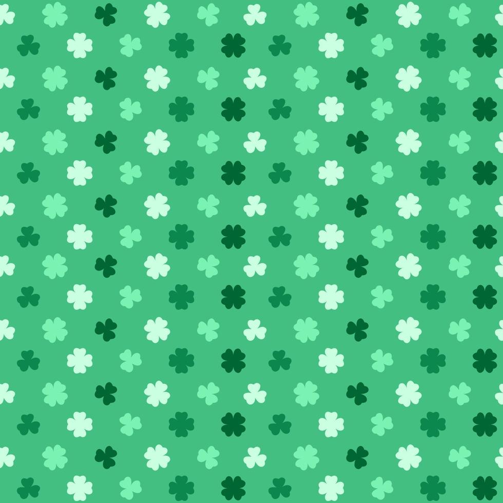 St Patricks Day pattern with shamrocks. Seamless green background and clover leaves. Saint Patricks holiday party backdrop. Vector flat illustration